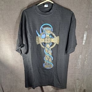 Vintage Cobalt Dragon On Fine Line Celtic Cross Black Graphic Tee VG XL